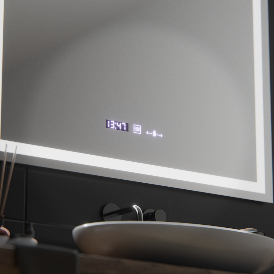 Obdélníkové zrcadlo LED, 100 x 75 cm, Verite MotionGlow Marcello, systém odmlžování, hodiny a teploměr, stmívatelná zrcadla Marcello Výchozí název Alessandro Design