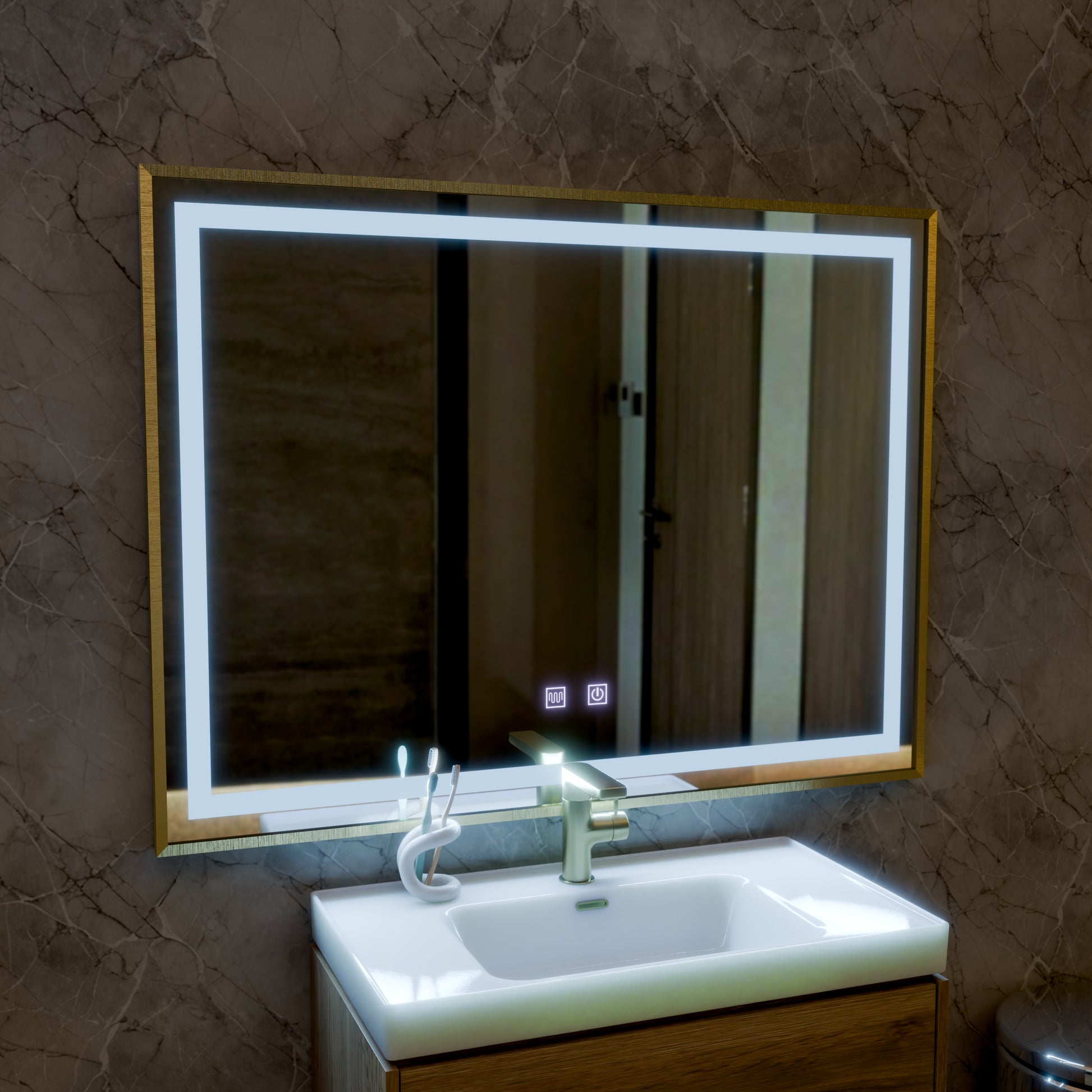 RAYNA dotykové LED zrcadlo, 80x60 cm, funkce odmlžování, kartáčovaný zlatý rám zrcadla Korman E Výchozí název Alessandro Design