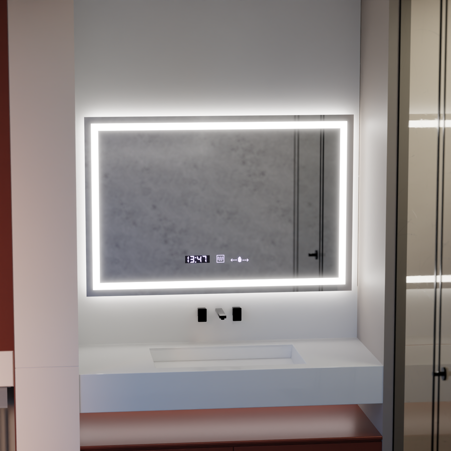 Obdélníkové LED zrcadlo 120x80cm Vérité MotionGlow Marcello, odmlžovací systém, hodiny a teploměr, stmívatelná zrcátka Marcello Výchozí název Alessandro Design