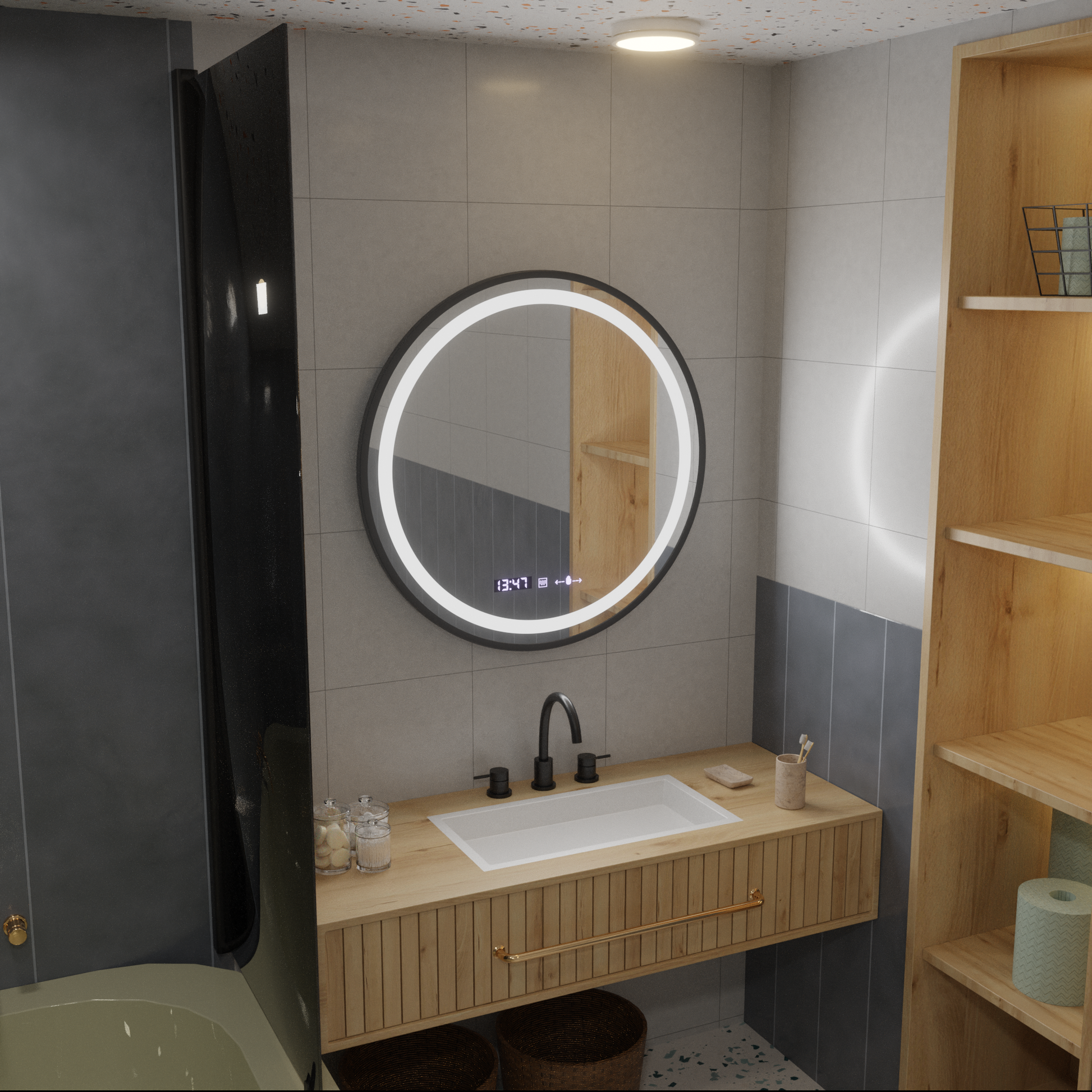 LED kulaté zrcadlo, 100 cm, Celeste Majesté Noir MotionGlow Marcello, systém odmlžování, hodiny a teploměr, stmívatelná zrcátka Marcello Výchozí název Alessandro Design