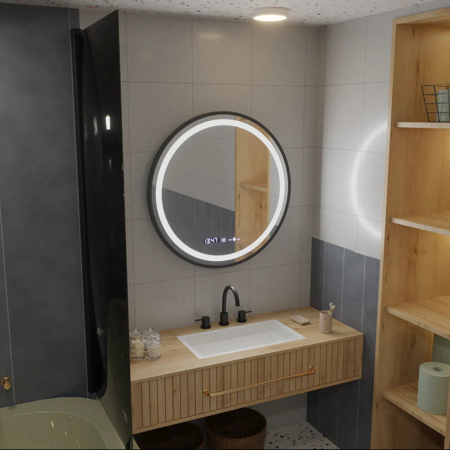 LED kulaté zrcadlo, 60 cm, Celeste Majeste Noir Eleve MotionGlow Marcello, systém odmlžování, hodiny a teploměr, stmívatelná zrcátka Marcello Výchozí název Alessandro Design