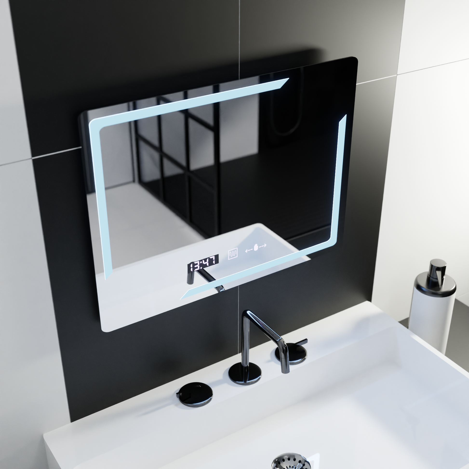 Obdélníkové LED zrcadlo, 80x60cm, Rayonnement MotionGlow Marcello, Demister System, Hodiny & Teploměr, Stmívatelná zrcátka Marcello Výchozí název Alessandro Design