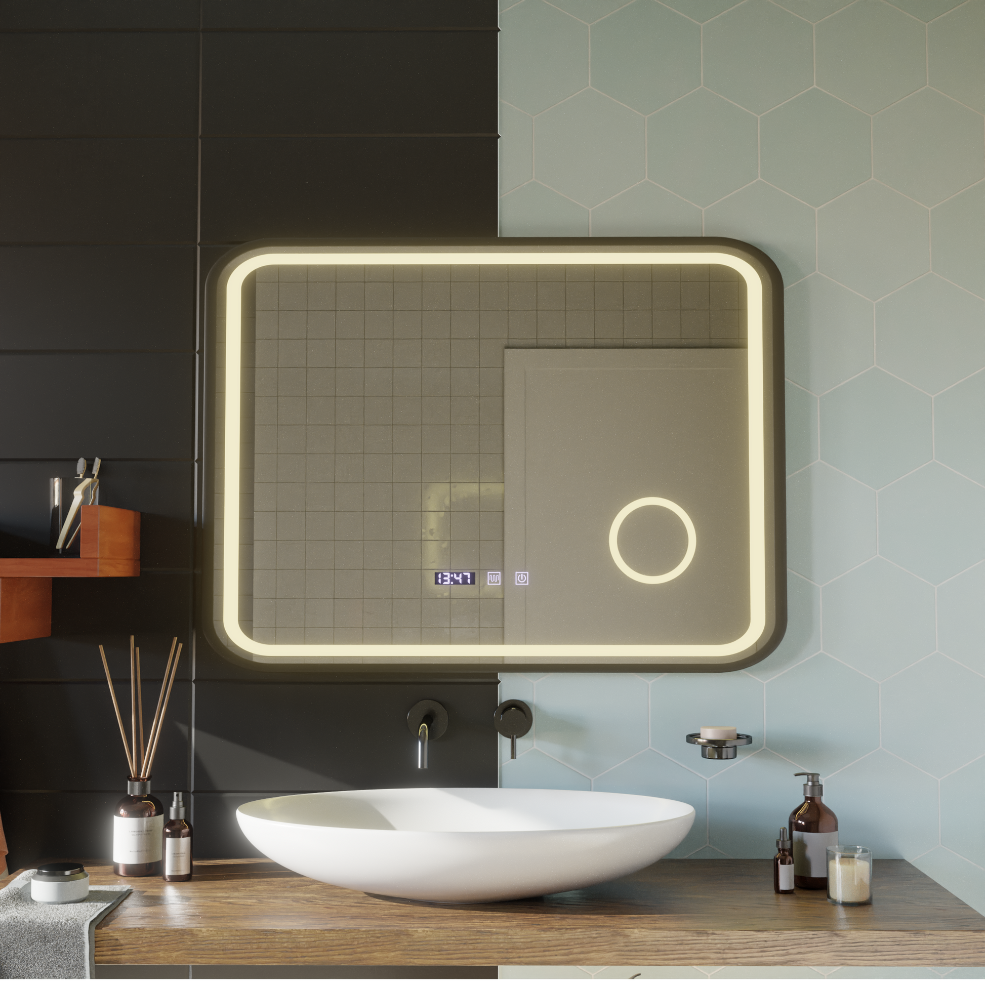 LED Touch Bernd Systém odmlžování zrcadla, hodiny a teplota 80x60 cm Černý rám kartáčovaná kosmetická lupa zrcátka Korman S Výchozí název Alessandro Design