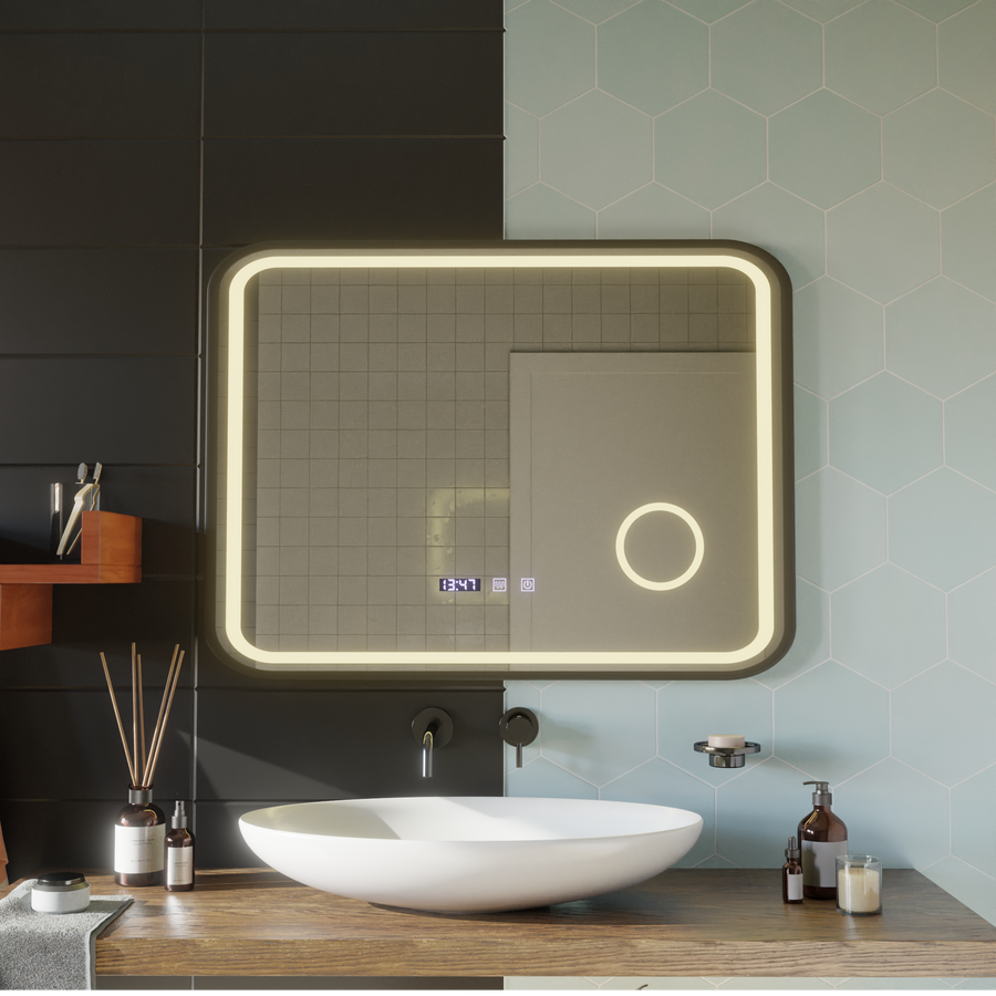 LED Touch Bernd Systém odmlžování zrcadla, hodiny a teplota 80x60 cm Černý rám kartáčovaná kosmetická lupa zrcátka Korman S Výchozí název Alessandro Design