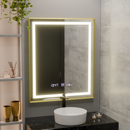 Obdélníkové LED zrcadlo, 75 x 90 cm, Verite Royale Gold MotionGlow Marcello, systém odmlžování, hodiny a teploměr, stmívatelná zrcátka Marcello Výchozí název Alessandro Design