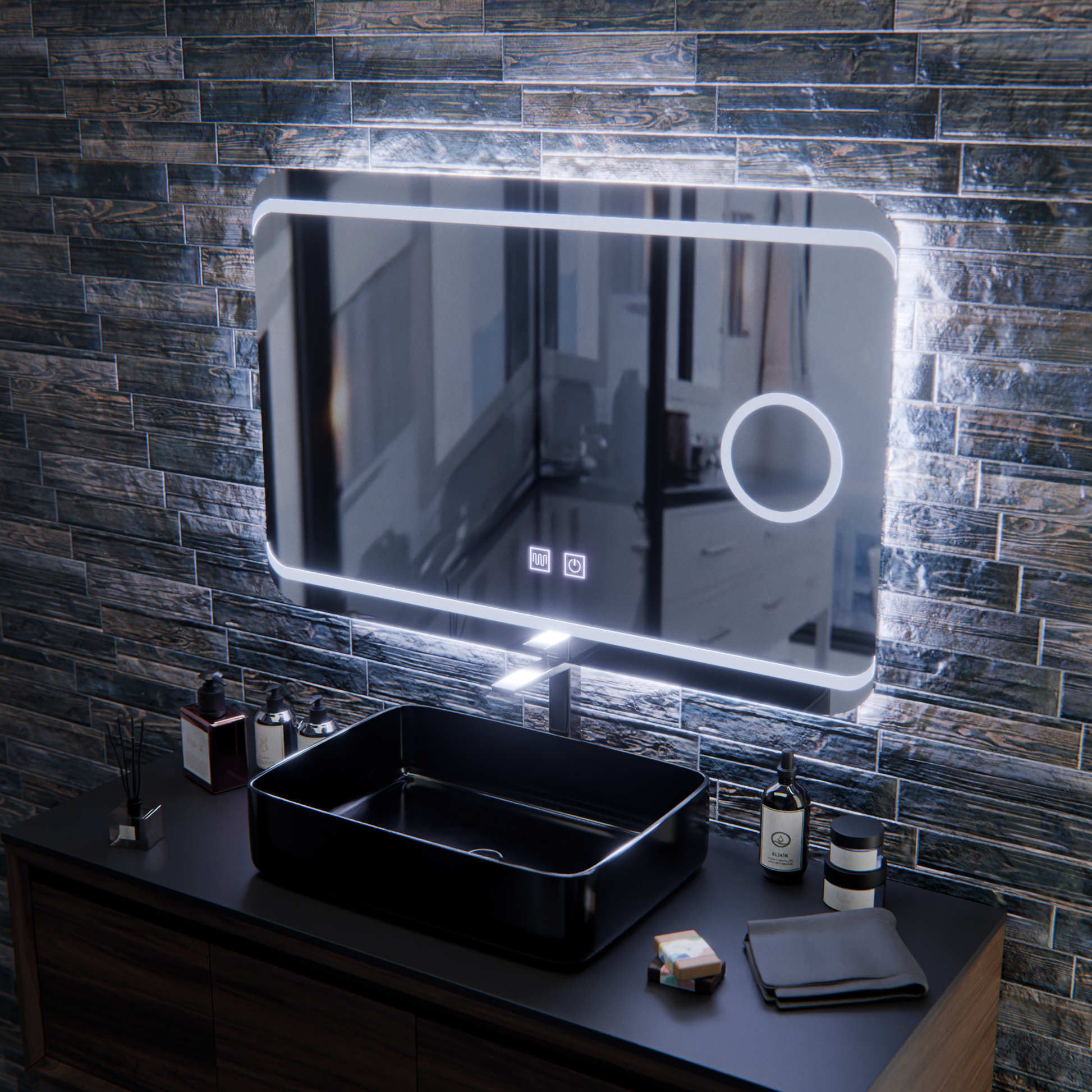 LED zrcadlo E30S/65X45, funkce dotyku a odmlžování, kosmetické světlo, 65x45cm, studené světlo 6000K Zrcadla Korman E Výchozí název Alessandro Design