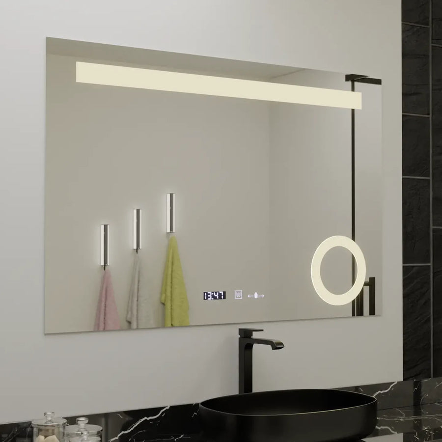 Obdélníkové LED zrcadlo, 80x60cm, ABSOLU MotionGlow Marcello, systém odmlžování, hodiny a teploměr, kosmetická lupa, stmívatelná zrcátka Marcello Výchozí název Alessandro Design