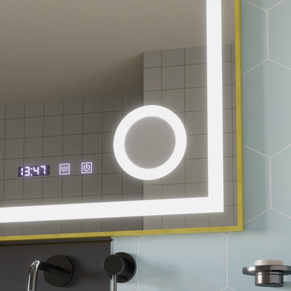 LED Touch CLARUS Systém odmlžování zrcadla, hodiny a teplota 80x60 cm Zlatý rám kartáčovaná kosmetická lupa Zrcadla Korman S Výchozí název Alessandro Design