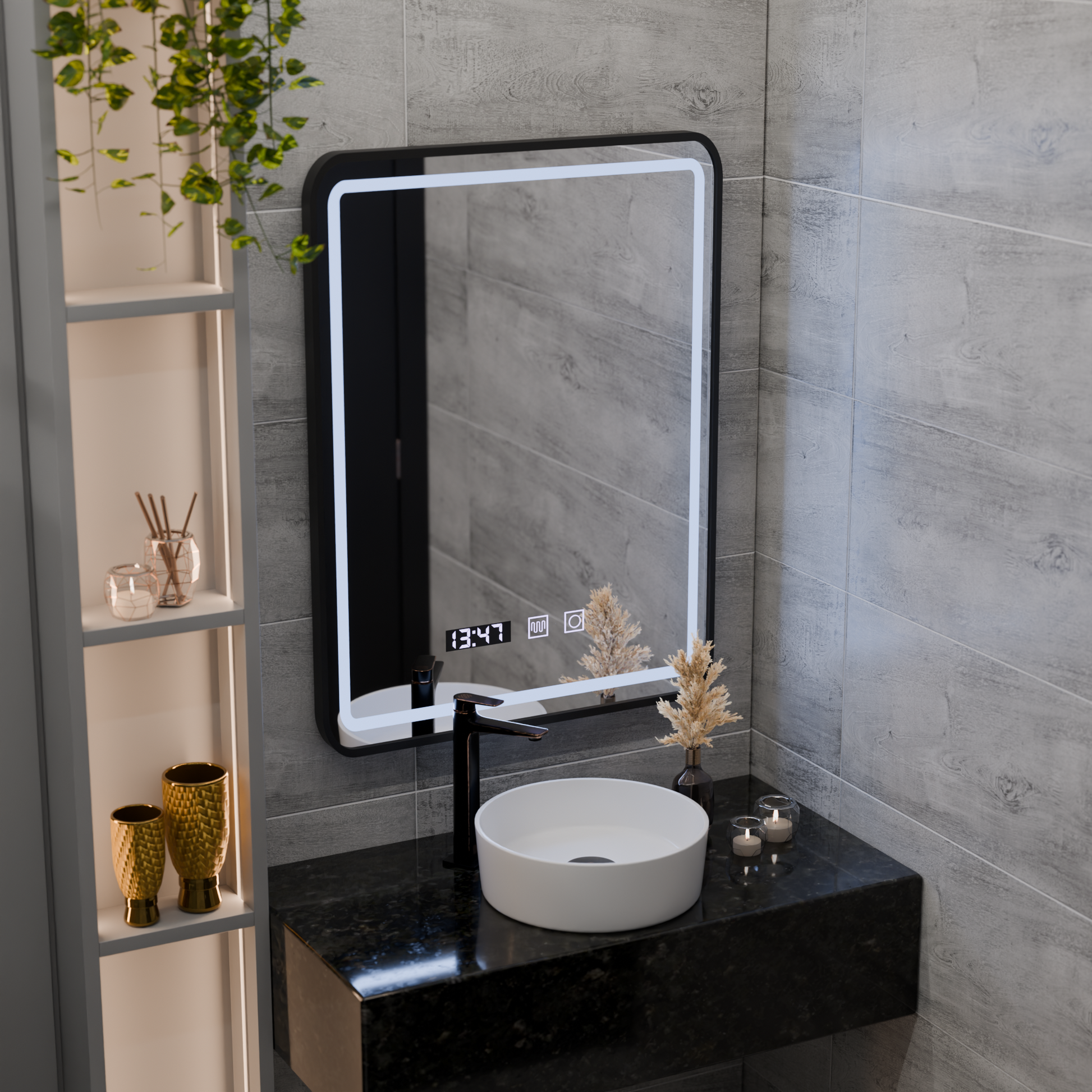 Zrcadlo LED Touch Systém odmlžování LUCIDA, hodiny a teplota 50x70 cm Rám Černá kartáčovaná zrcadla Korman S Výchozí název Alessandro Design