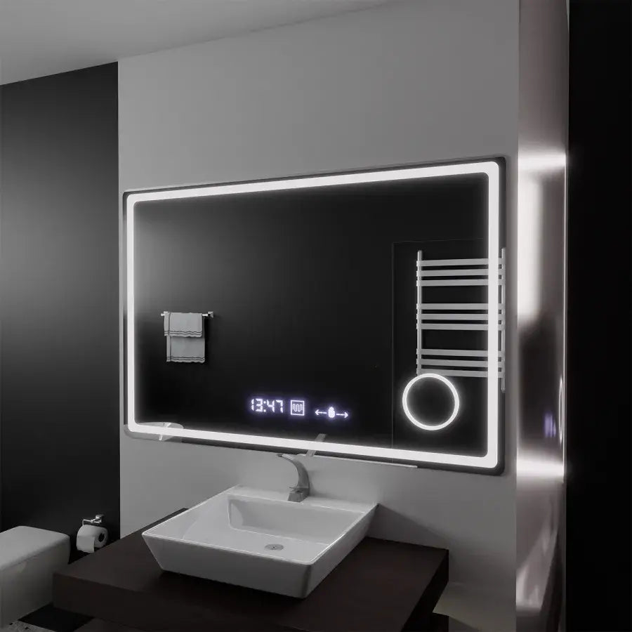 Obdélníkové LED zrcadlo, 120x80cm, Souverain MotionGlow Marcello, Systém odmlžování, Hodiny a teploměr, Kosmetická lupa, Stmívatelné Marcello Zrcadla Výchozí název Alessandro Design