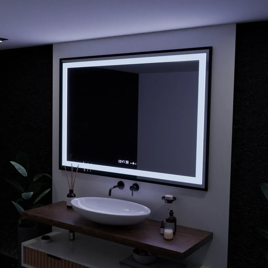 Obdélníkové LED zrcadlo, 100x65cm, Verite Majeste Noir Motion Glow Marcello, systém odmlžování, hodiny a teploměr, stmívatelná zrcátka Marcello Výchozí název Alessandro Design