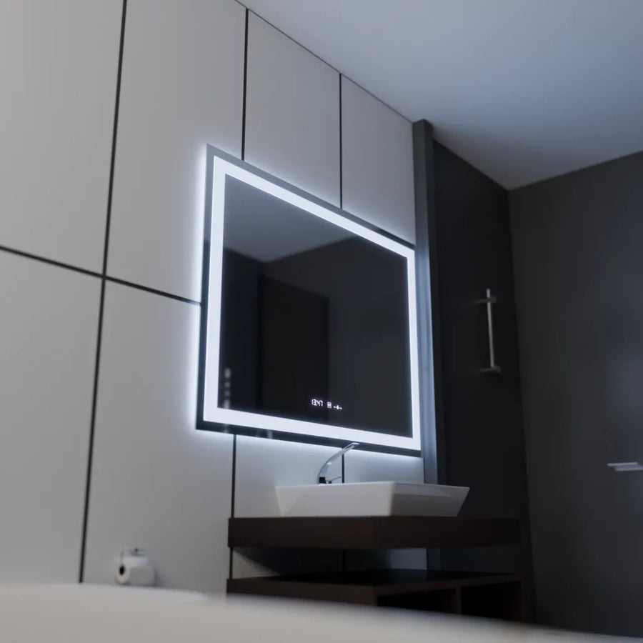 Obdélníkové LED zrcadlo 120x80cm Vérité MotionGlow Marcello, odmlžovací systém, hodiny a teploměr, stmívatelná zrcátka Marcello Výchozí název Alessandro Design