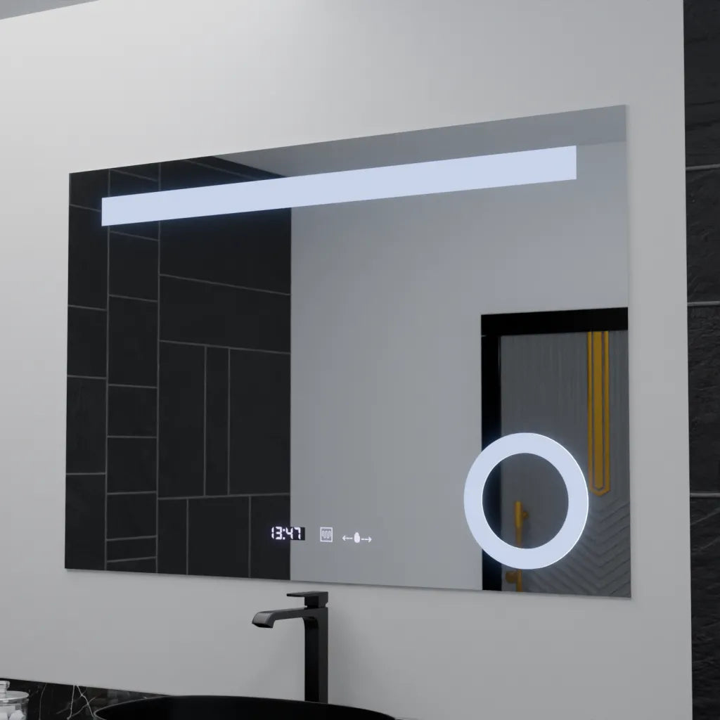 Obdélníkové LED zrcadlo, 120x80cm, ABSOLU MotionGlow Marcello, systém odmlžování, hodiny a teploměr, kosmetická lupa, stmívatelná zrcátka Marcello Výchozí název Alessandro Design
