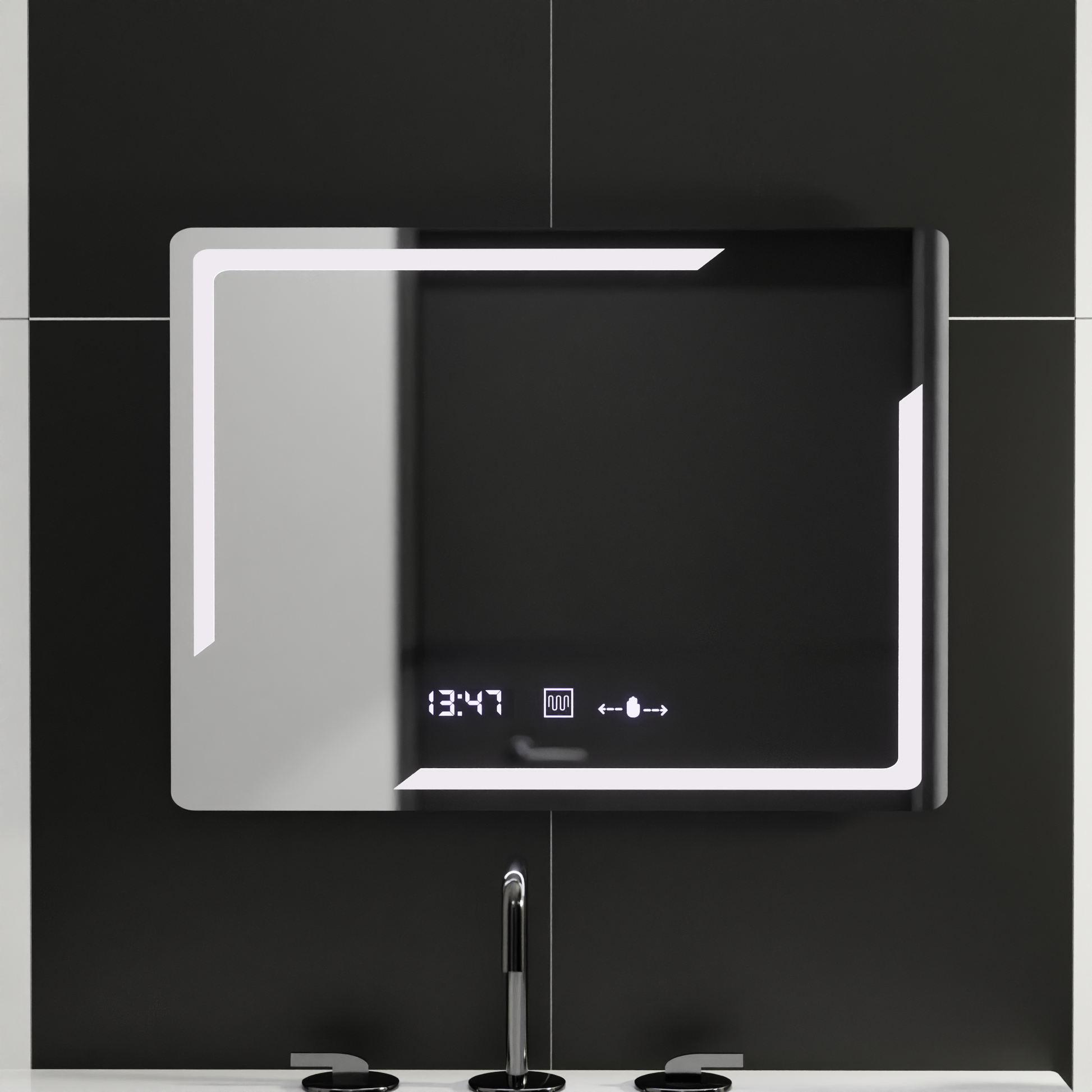 Obdélníkové LED zrcadlo, 80x60cm, Rayonnement MotionGlow Marcello, Demister System, Hodiny & Teploměr, Stmívatelná zrcátka Marcello Výchozí název Alessandro Design