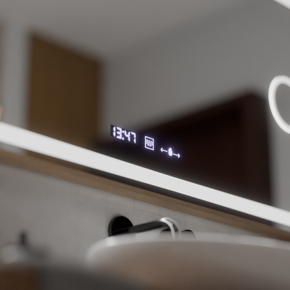 LED zrcadlo MotionGlow Sofia senzor s funkcí odmlžování Teploměr Hodiny 110x65 cm Teplé/Studené/Neutrální světlo Stmívatelné, Rose Gold Rám, Marcello Funghi Collection Zrcadla Marcello Výchozí název Alessandro Design