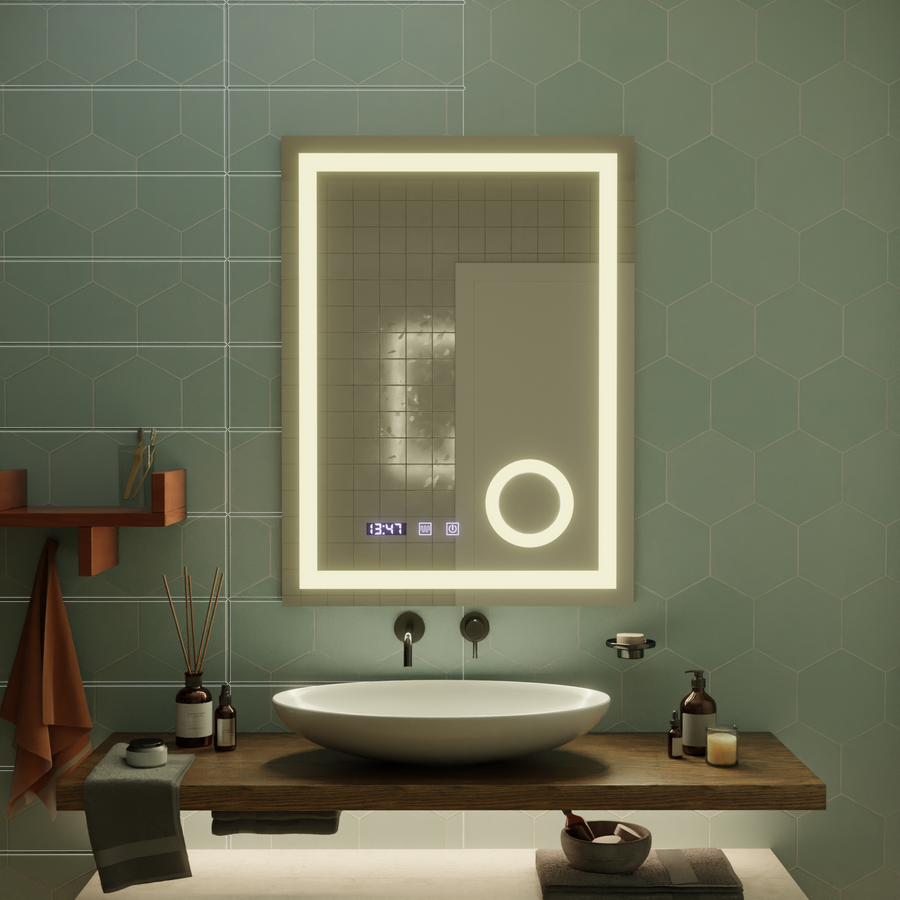 LED dotykové zrcátko NIVERA odmlžovací systém, hodiny a teplota 60x80 cm Kosmetická lupa Zrcadla Korman S Výchozí název Alessandro Design