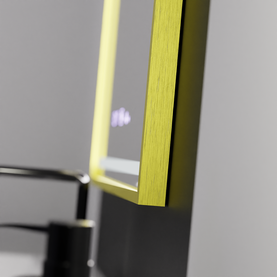 Obdélníkové LED zrcadlo, 75 x 90 cm, Verite Royale Gold MotionGlow Marcello, systém odmlžování, hodiny a teploměr, stmívatelná zrcátka Marcello Výchozí název Alessandro Design