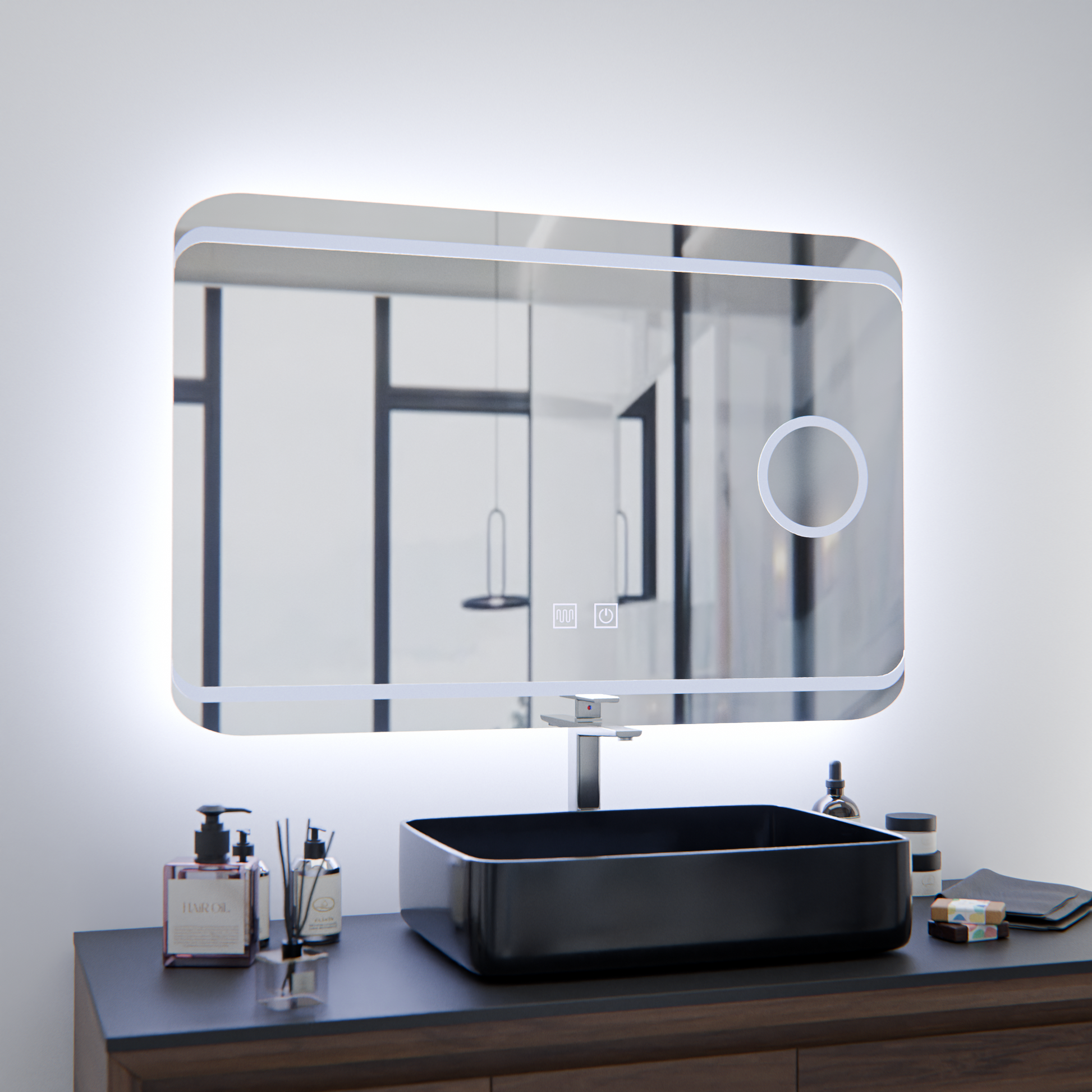 LED zrcadlo E30S/65X45, funkce dotyku a odmlžování, kosmetické světlo, 65x45cm, studené světlo 6000K Zrcadla Korman E Výchozí název Alessandro Design