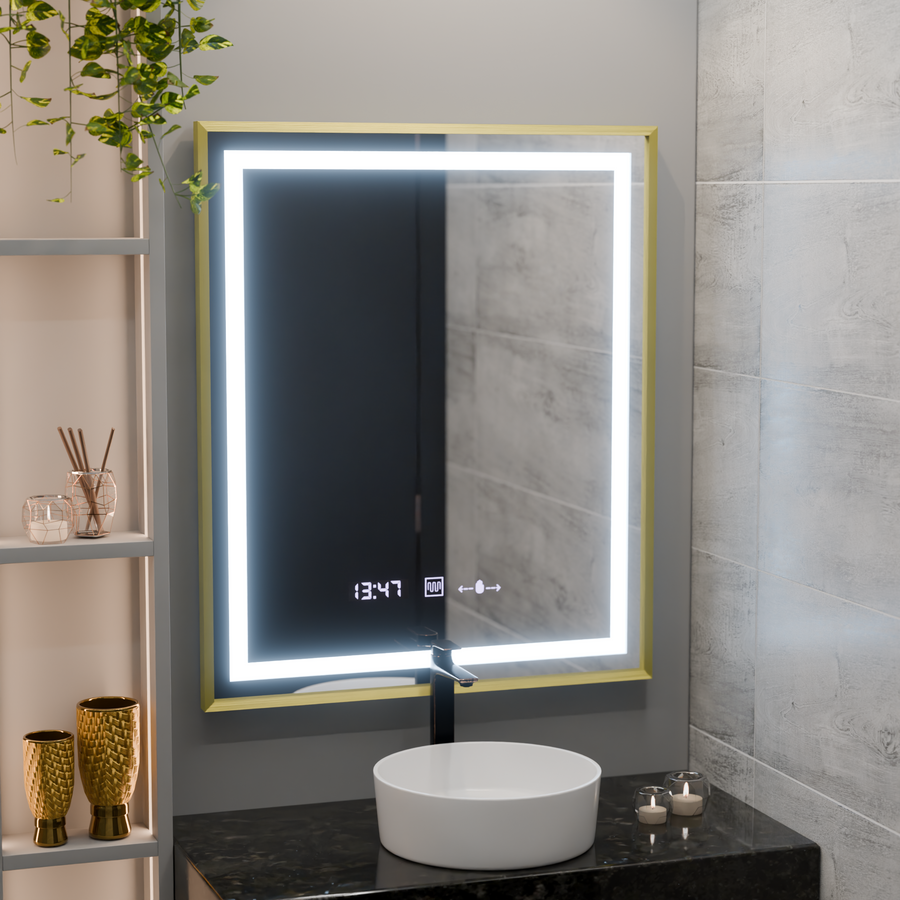 Obdélníkové LED zrcadlo, 75 x 90 cm, Verite Royale Gold MotionGlow Marcello, systém odmlžování, hodiny a teploměr, stmívatelná zrcátka Marcello Výchozí název Alessandro Design