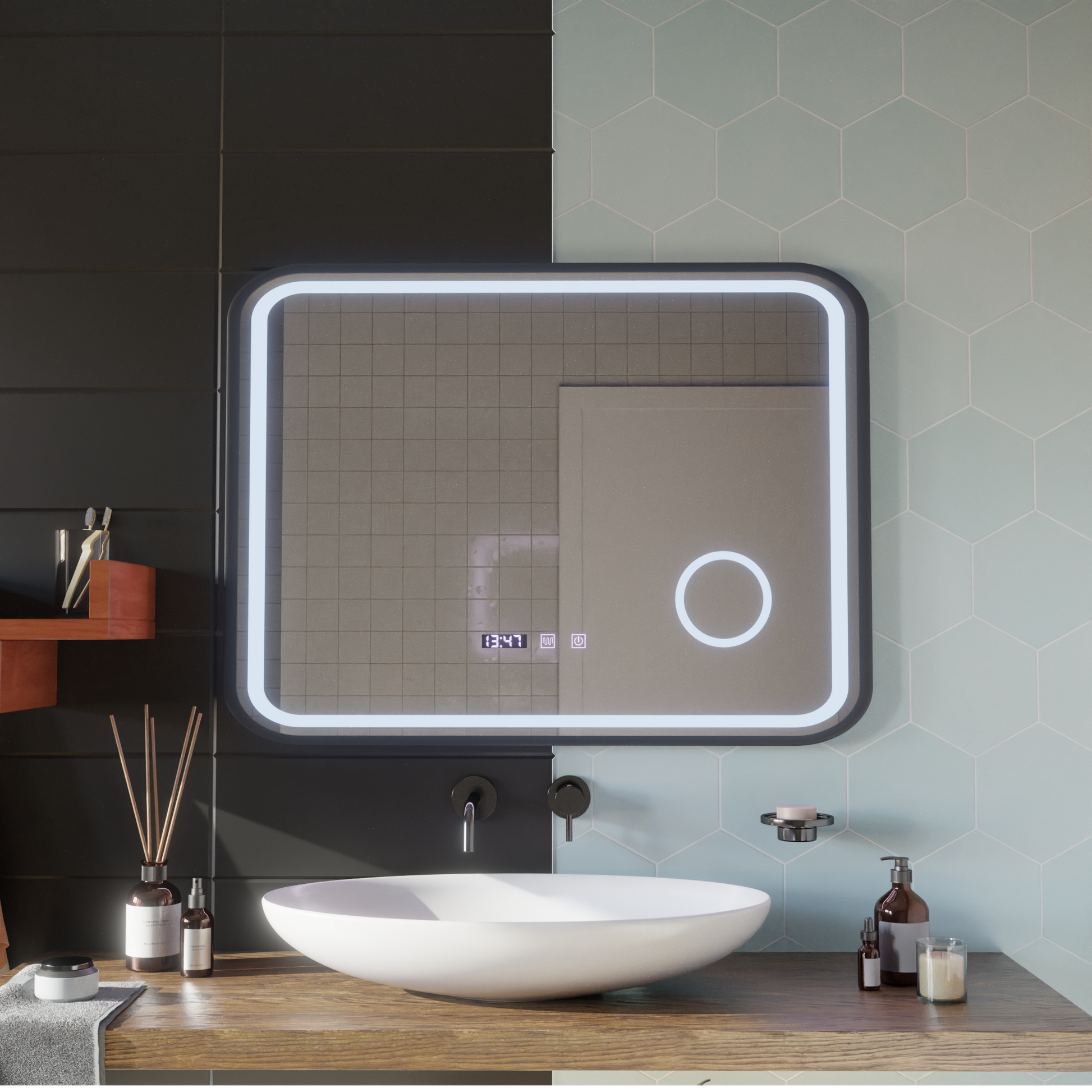 LED Touch Bernd Systém odmlžování zrcadla, hodiny a teplota 80x60 cm Černý rám kartáčovaná kosmetická lupa zrcátka Korman S Výchozí název Alessandro Design
