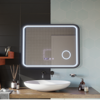 LED Touch Bernd Systém odmlžování zrcadla, hodiny a teplota 80x60 cm Černý rám kartáčovaná kosmetická lupa zrcátka Korman S Výchozí název Alessandro Design