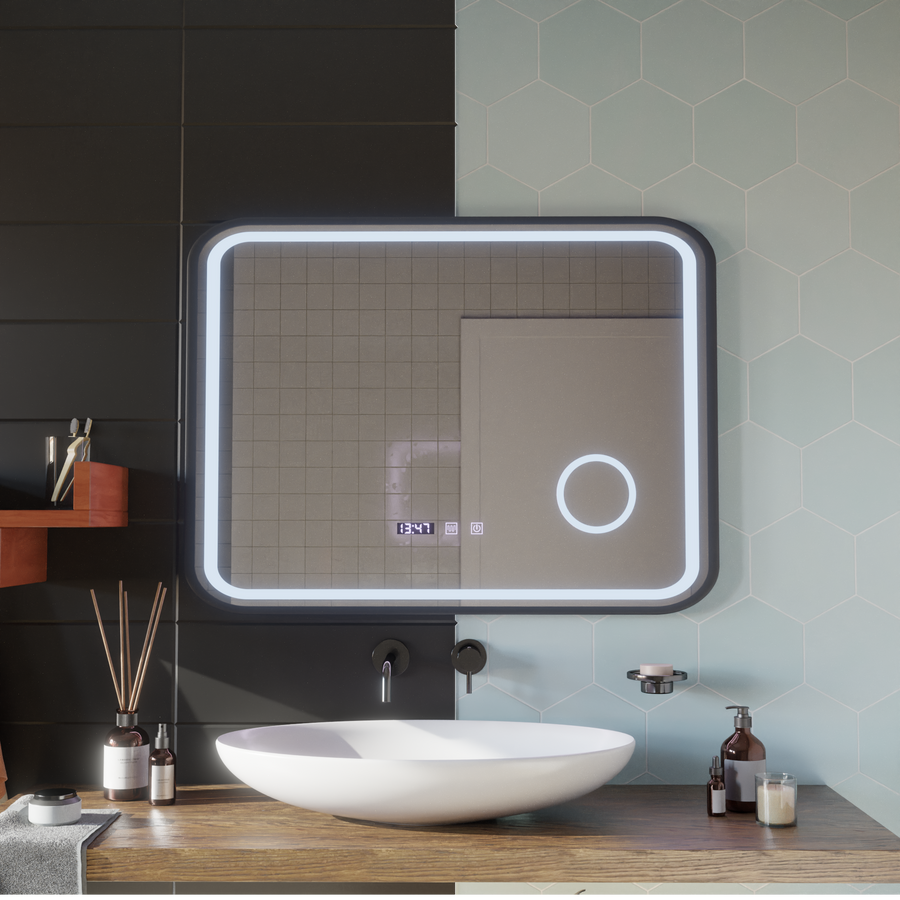 LED Touch Bernd Systém odmlžování zrcadla, hodiny a teplota 80x60 cm Černý rám kartáčovaná kosmetická lupa zrcátka Korman S Výchozí název Alessandro Design