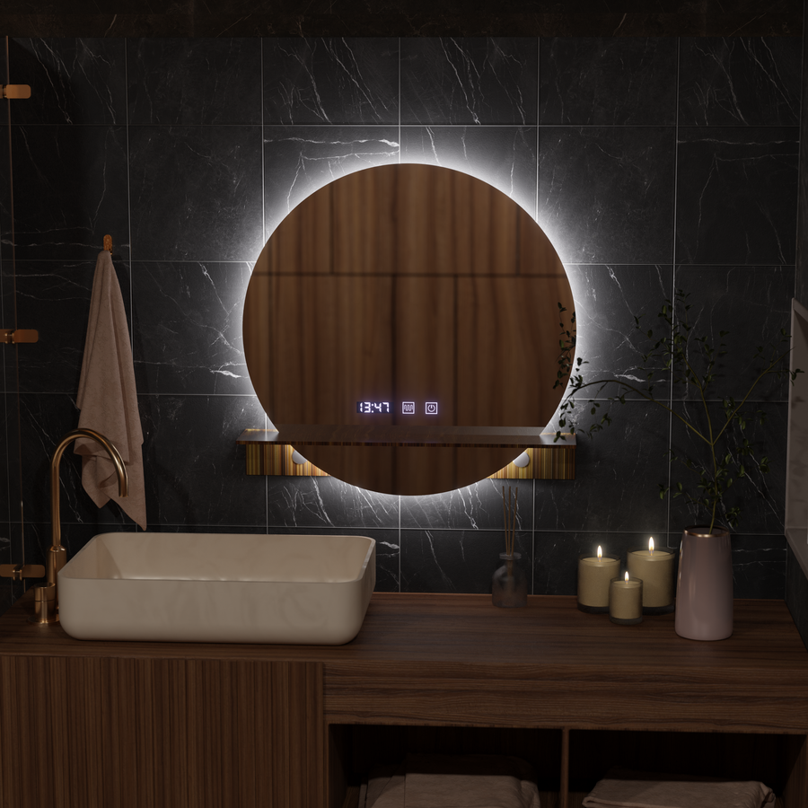 Zrcadlo LED Touch Alfred Systém odmlžování, hodiny a teplota 60x60 cm S integrovanou podporou Zrcadla Korman S Výchozí název Alessandro Design
