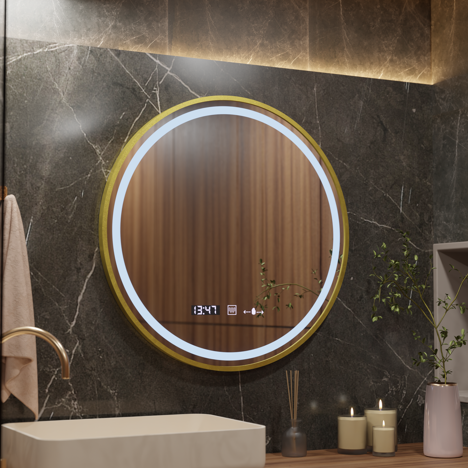 LED kulaté zrcadlo, 80 cm, Celeste Royale Gold MotionGlow Marcello, systém odmlžování, hodiny a teploměr, stmívatelná zrcátka Marcello Výchozí název Alessandro Design