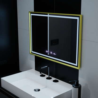 Obdélníkové LED zrcadlo, 120 x 80 cm, Verite Royale Gold MotionGlow Marcello, systém odmlžování, hodiny a teploměr, stmívatelná zrcátka Marcello Výchozí název Alessandro Design