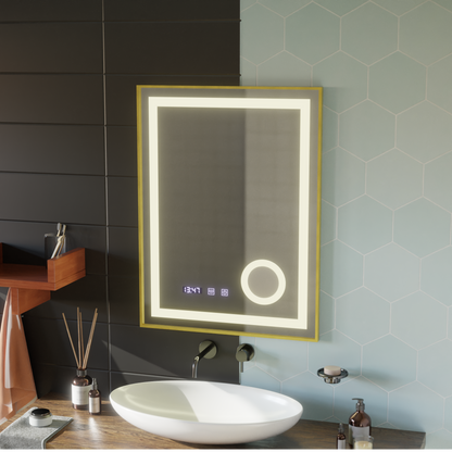 LED Touch CLARUS Systém odmlžování zrcadla, hodiny a teplota 60x80 cm Zlatý rám kartáčovaná kosmetická lupa Zrcátka Korman S Výchozí název Alessandro Design
