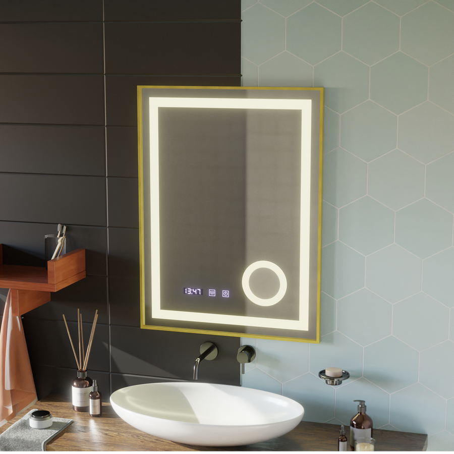 LED Touch CLARUS Systém odmlžování zrcadla, hodiny a teplota 60x80 cm Zlatý rám kartáčovaná kosmetická lupa Zrcátka Korman S Výchozí název Alessandro Design