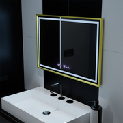 Obdélníkové LED zrcadlo, 100x65cm, Verite Royale Gold Motion Glow Marcello, Demister System, Hodiny & Teploměr, Stmívatelné