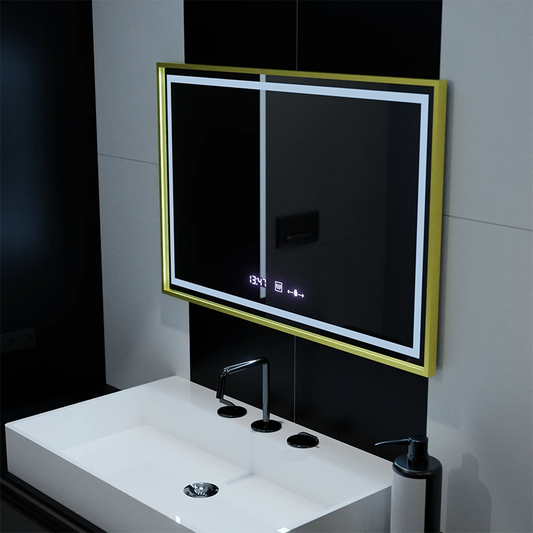 Obdélníkové LED zrcadlo, 100x65cm, Verite Royale Gold Motion Glow Marcello, Demister System, Hodiny & Teploměr, Stmívatelné
