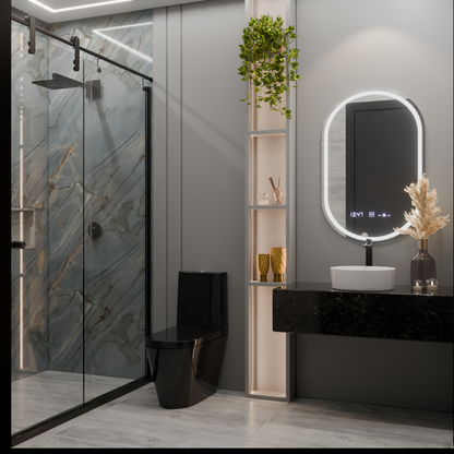 Oválné LED zrcadlo, 50x80cm, Eminence MotionGlow Marcello, Systém odmlžování, Hodiny & Teploměr, Stmívatelná zrcátka Marcello Výchozí název Alessandro Design