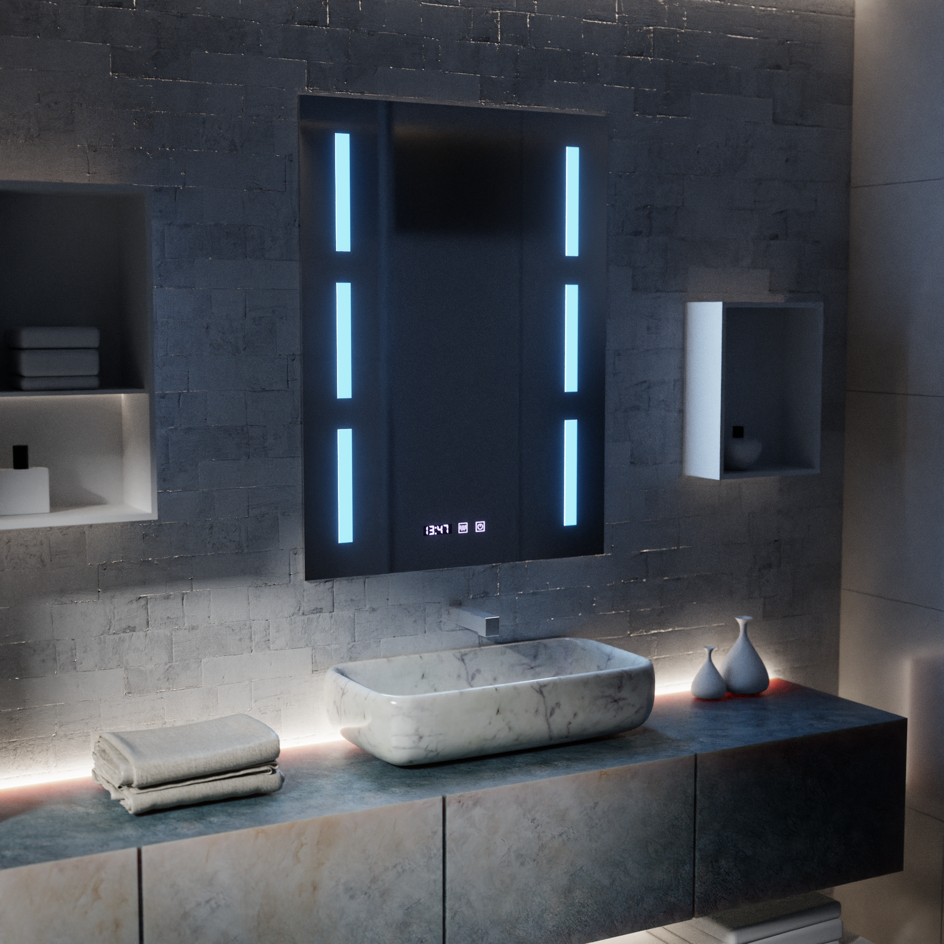 Zrcadlo LED Touch Erich S86/60X80 Systém odmlžování, hodiny a teplota 60x80 cm Zrcadla Korman S Výchozí název Alessandro Design