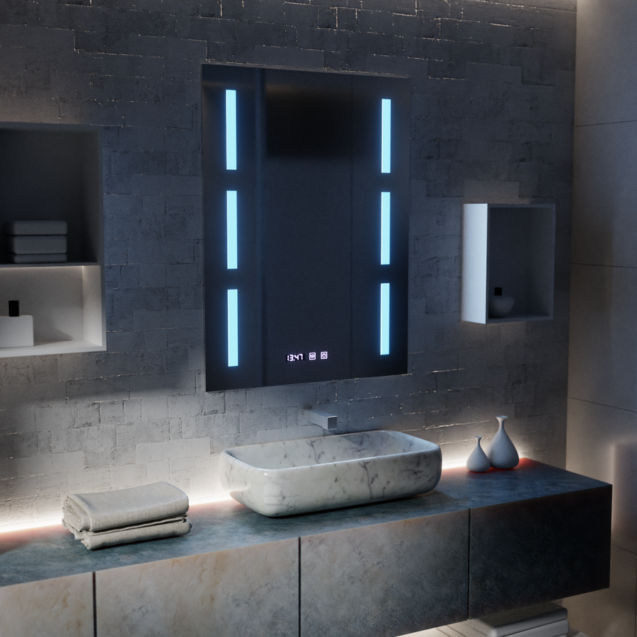 Zrcadlo LED Touch Erich S86/60X80 Systém odmlžování, hodiny a teplota 60x80 cm Zrcadla Korman S Výchozí název Alessandro Design