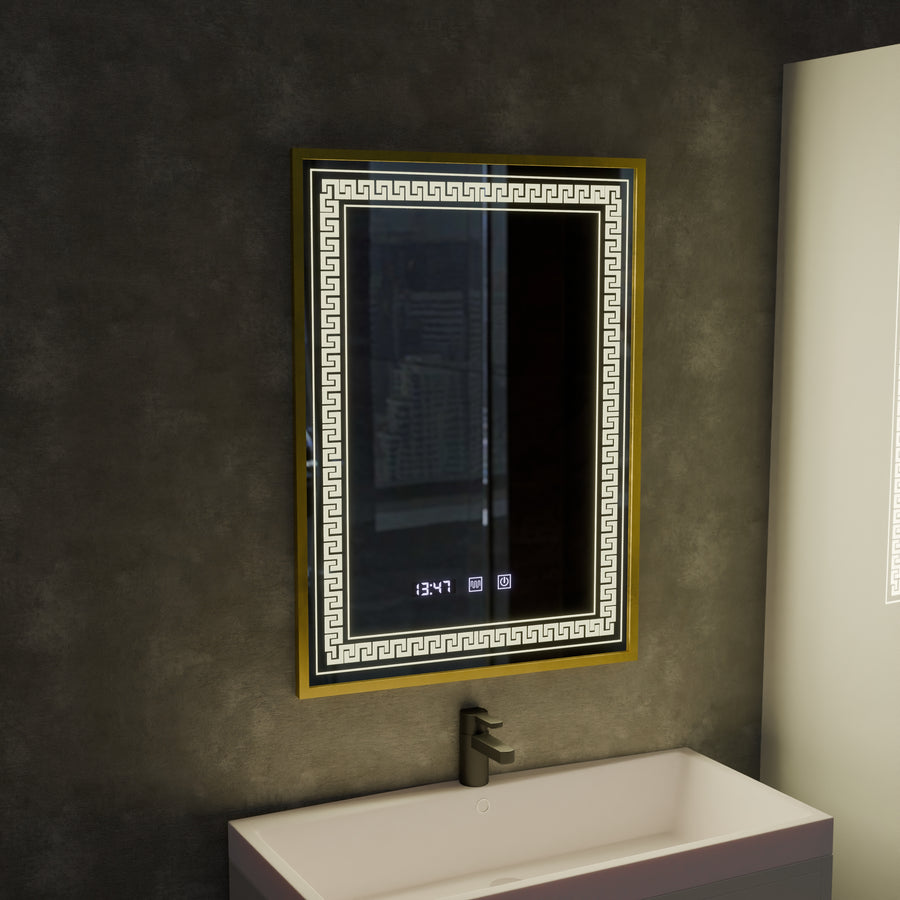 Zrcadlo LED Touch Bruno Demister System, hodiny a teplota 60x80 cm Rám z kartáčovaného zlata, S84/60X80 Zrcadla Korman S Výchozí název Alessandro Design