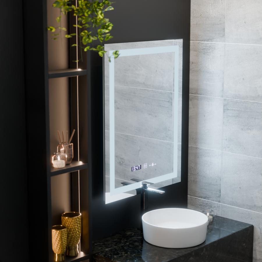 Obdélníkové LED zrcadlo, 75x90cm, Verite MotionGlow Marcello, Demister System, Hodiny a teploměr, Stmívatelná zrcátka Marcello Výchozí název Alessandro Design