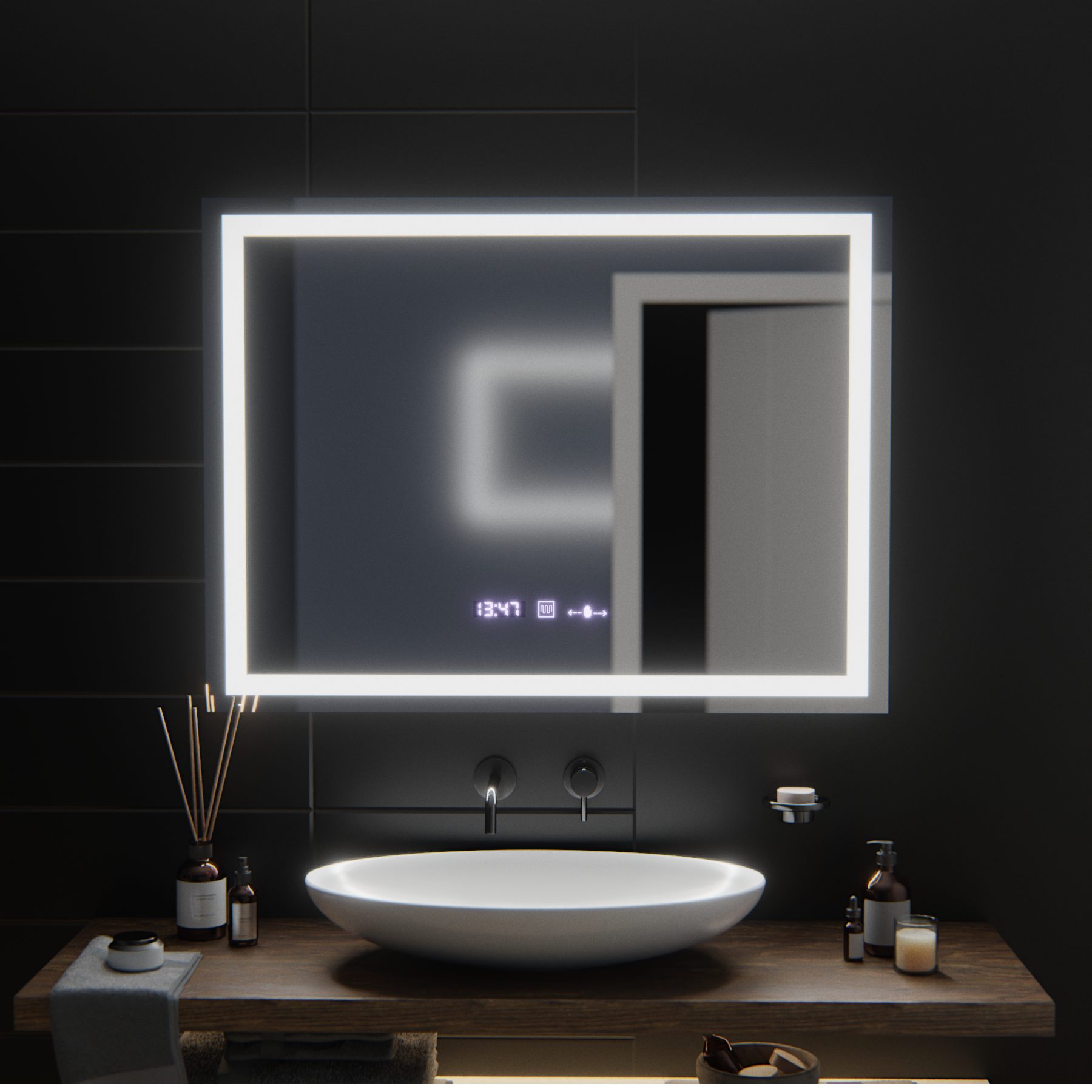 Obdélníkové zrcadlo LED, 100 x 75 cm, Verite MotionGlow Marcello, systém odmlžování, hodiny a teploměr, stmívatelná zrcadla Marcello Výchozí název Alessandro Design