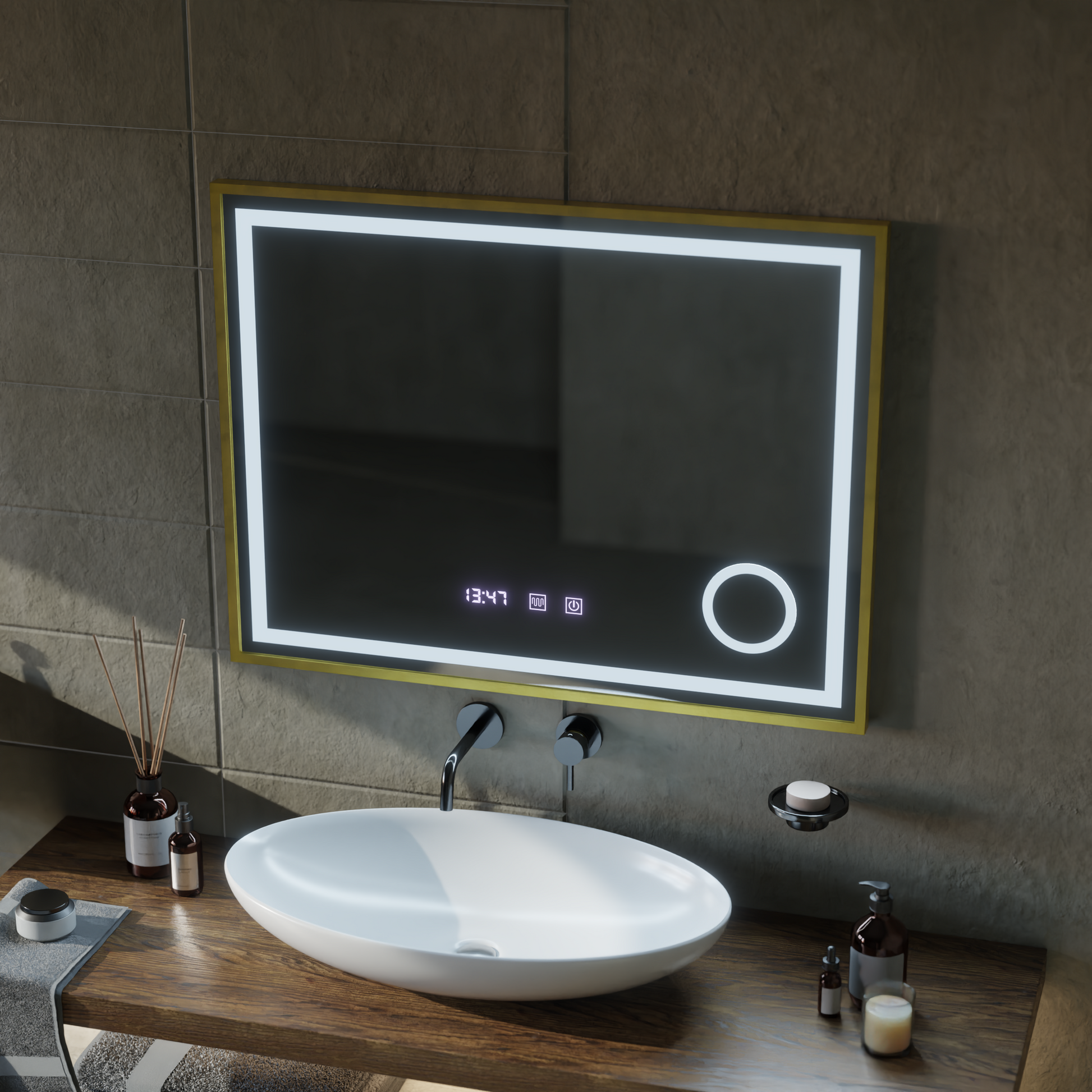 LED Touch CLARUS Systém odmlžování zrcadla, hodiny a teplota 80x60 cm Zlatý rám kartáčovaná kosmetická lupa Zrcadla Korman S Výchozí název Alessandro Design