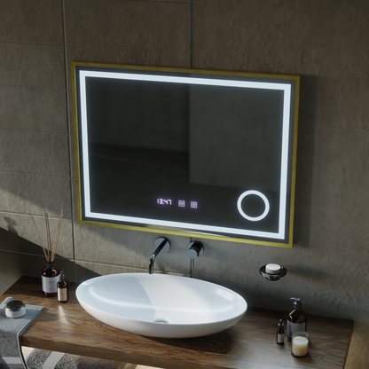 LED Touch CLARUS Systém odmlžování zrcadla, hodiny a teplota 80x60 cm Zlatý rám kartáčovaná kosmetická lupa Zrcadla Korman S Výchozí název Alessandro Design