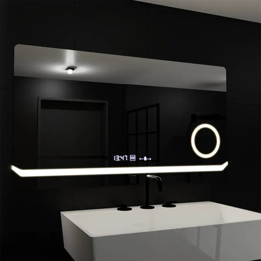 Obdélníkové LED zrcadlo, 80x60cm, Definition MotionGlow Marcello, Systém odmlžování, Hodiny & Teploměr, Kosmetická lupa, Stmívatelná zrcátka Marcello Výchozí název Alessandro Design