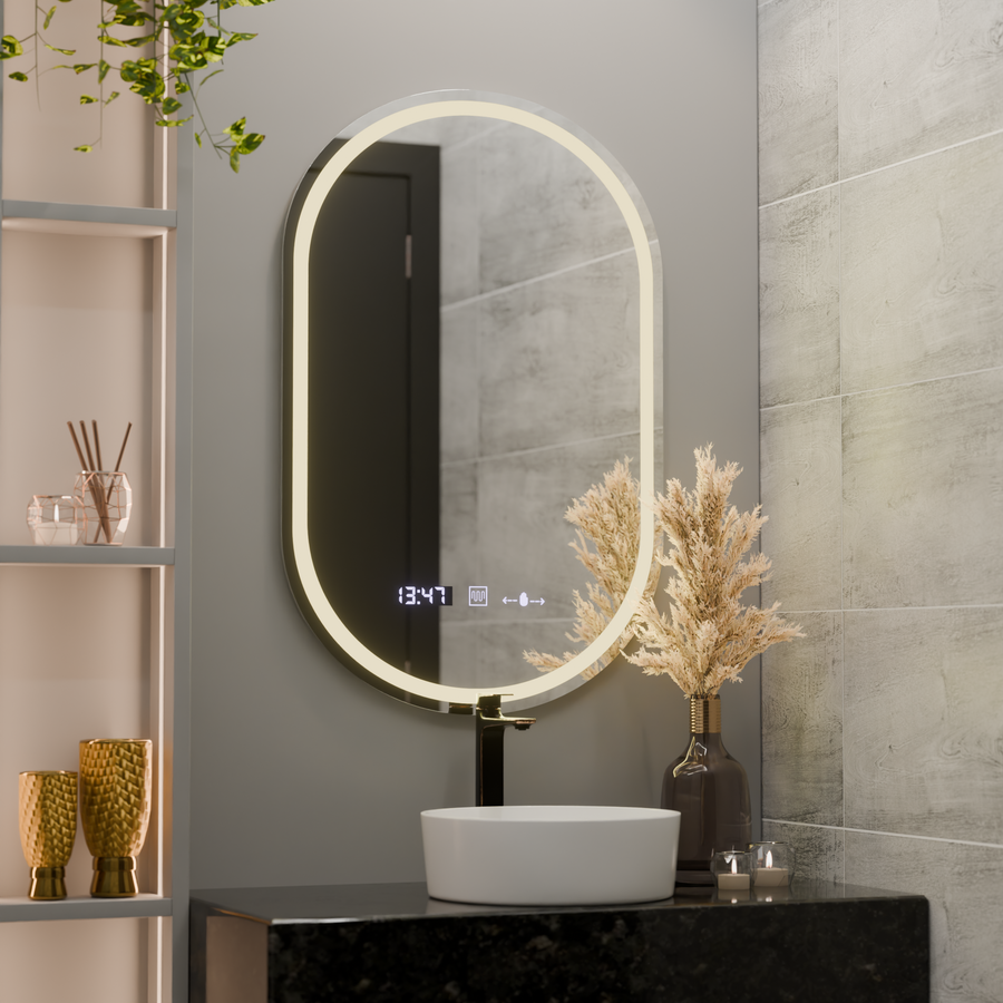 Oválné LED zrcadlo, 60x80cm, Eminence MotionGlow Marcello, systém odmlžování, hodiny a teploměr, stmívatelná zrcátka Marcello Výchozí název Alessandro Design