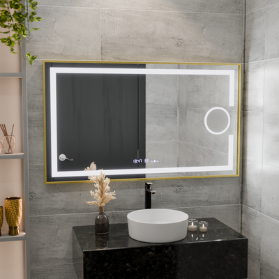 Obdélníkové LED zrcadlo, 120x80cm, Eclat MotionGlow Marcello, Demister System, Hodiny & Teploměr, Kosmetická lupa, Stmívatelné, Rám z kartáčovaného zlata
