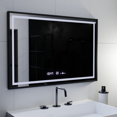 Obdélníkové LED zrcadlo, 120x80cm, Verite Majeste Noir Motion Glow Marcello, Demister System, Hodiny & Teploměr, Stmívatelné