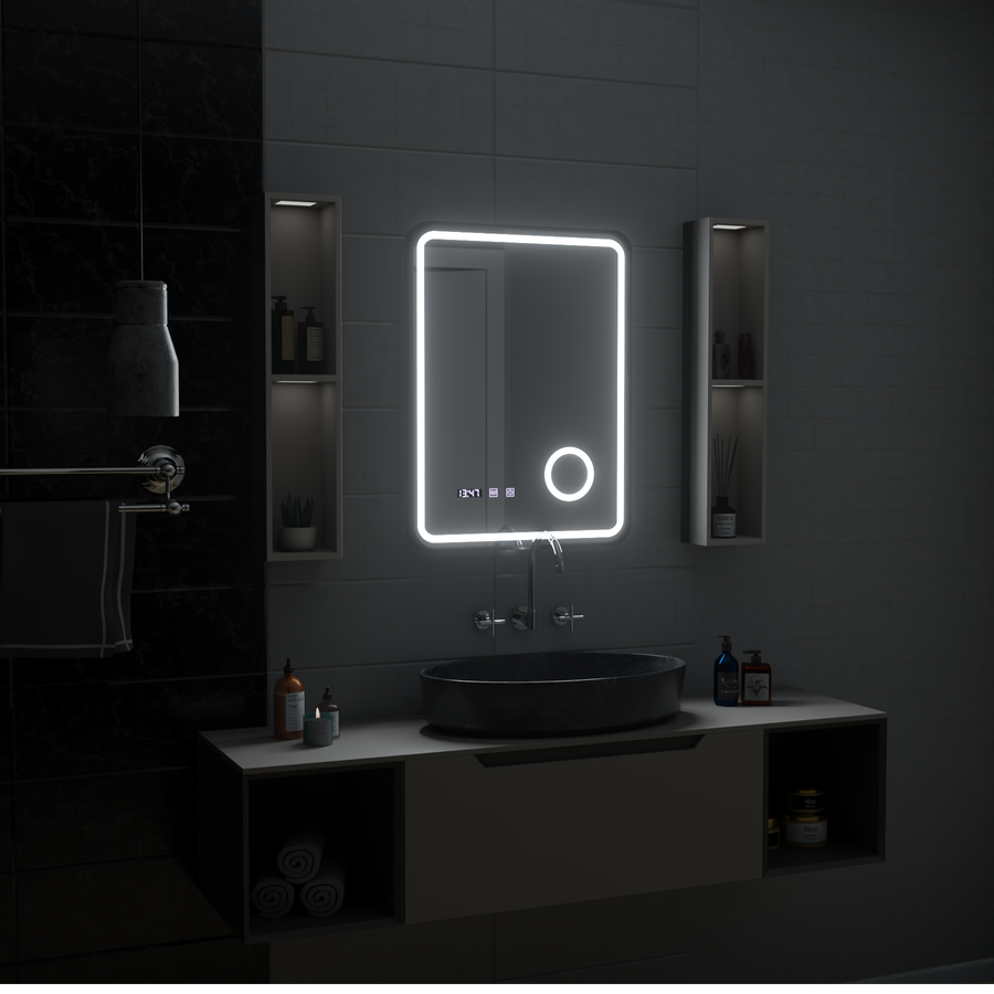 Ulrich LED Touch Mirror De-fogging System, Clock and Temperature 75x90 cm Černý rám Kartáčovaná kosmetická lupa Zrcadla Korman S Výchozí název Alessandro Design