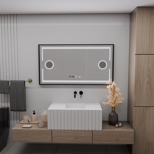 LED zrcadlo MotionGlow Domingo Senzor s funkcí odmlžování Teploměr Hodiny 120x65 cm Studené/Teplé/Neutrální světlo Stmívatelné, Rám kartáčovaný černý, kolekce Marcello Funghi