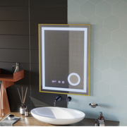 LED Touch CLARUS Systém odmlžování zrcadla, hodiny a teplota 60x80 cm Zlatý rám kartáčovaná kosmetická lupa Zrcátka Korman S Výchozí název Alessandro Design