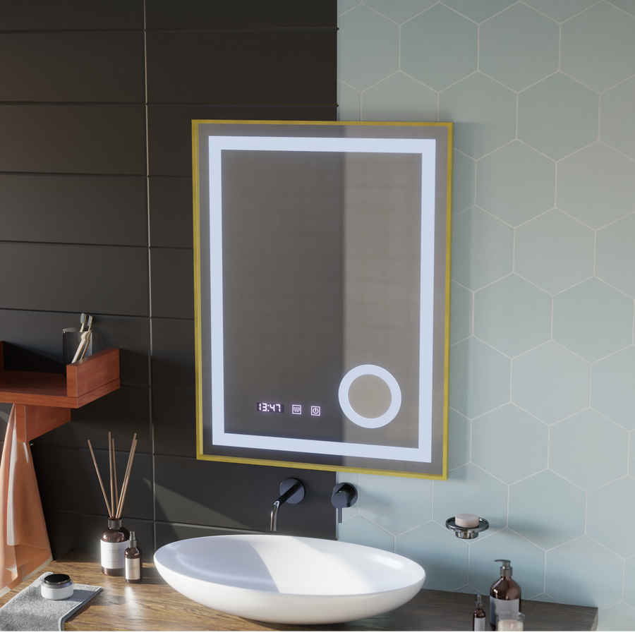 LED Touch CLARUS Systém odmlžování zrcadla, hodiny a teplota 60x80 cm Zlatý rám kartáčovaná kosmetická lupa Zrcátka Korman S Výchozí název Alessandro Design