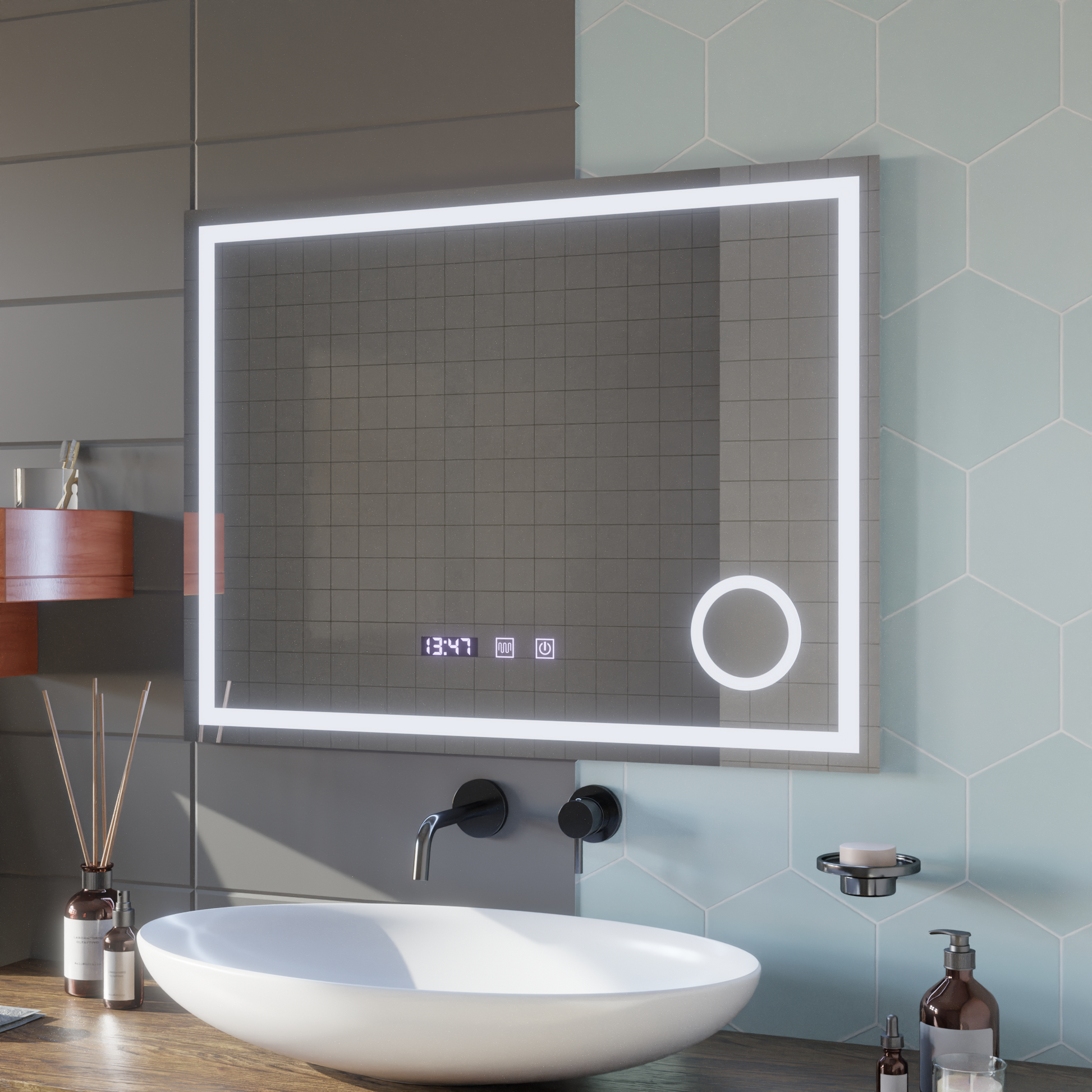 LED dotykové zrcátko NIVERA odmlžovací systém, hodiny a teplota 80x60 cm Kosmetická lupa Zrcadla Korman S Výchozí název Alessandro Design